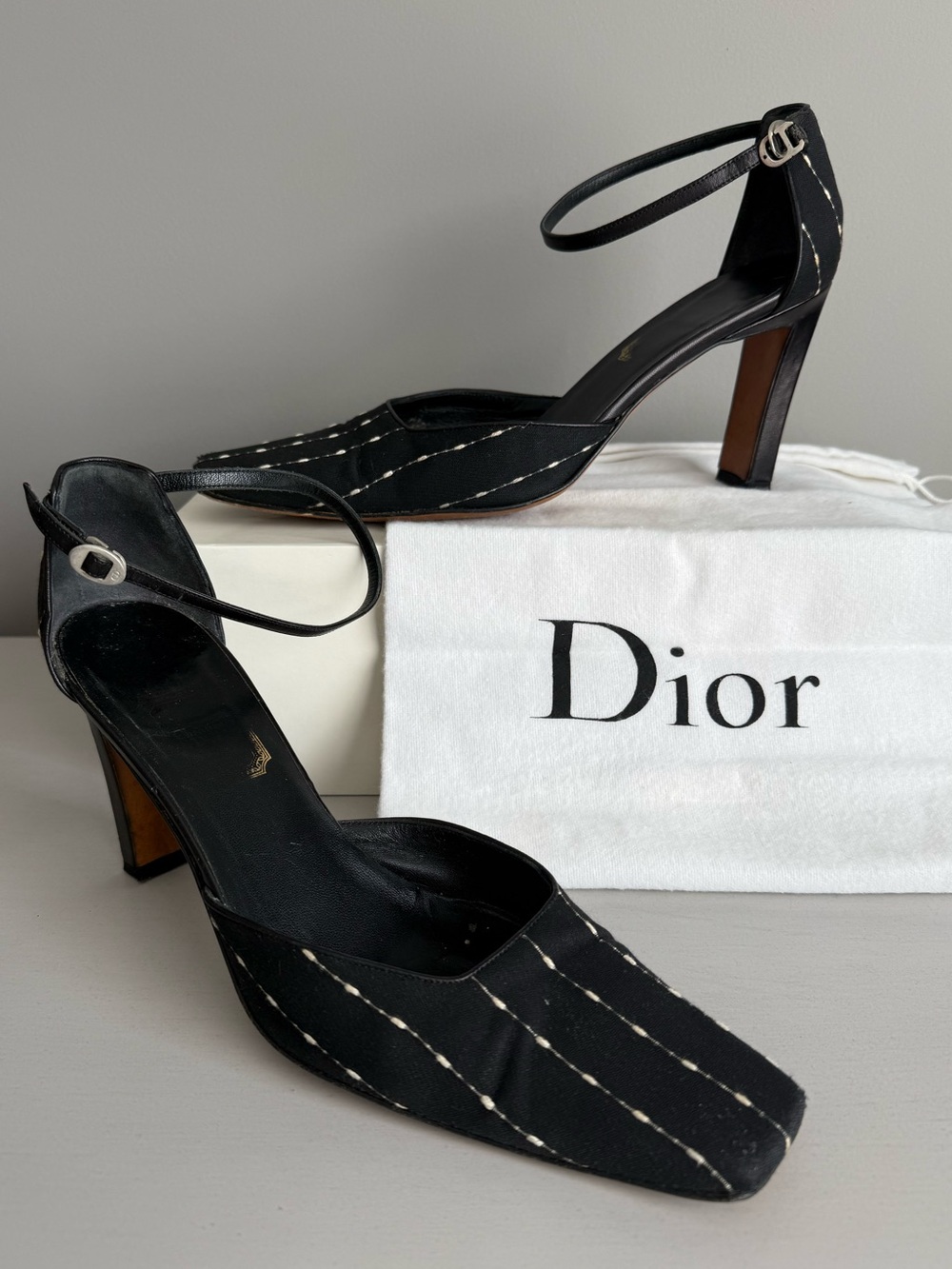 DIOR Black Ankle-Strap Square-Toe Heels